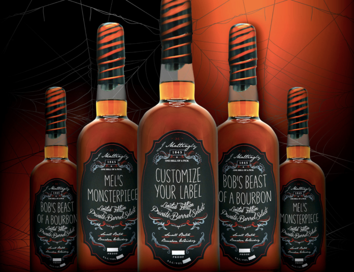 Halloween whiskey bottles with J. Mattingly 1845 Distillery